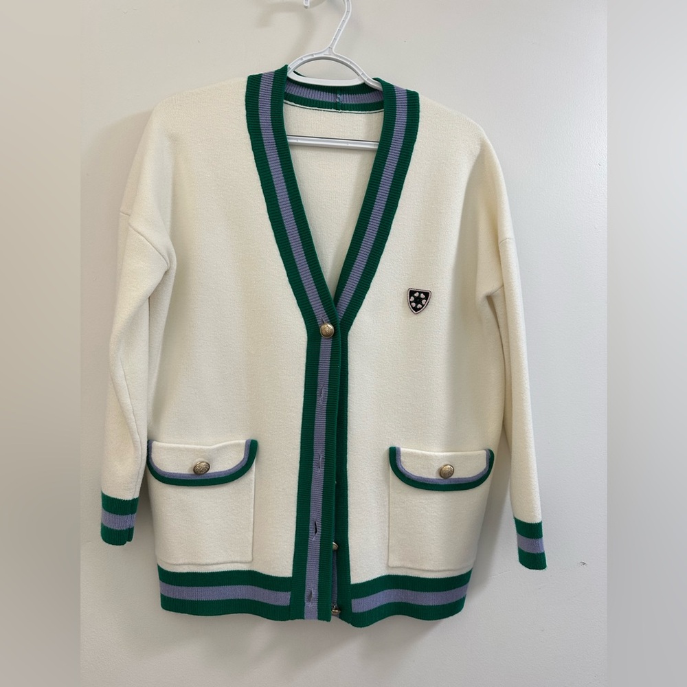 Maje Cream Cardigan with Green and Gray Trim